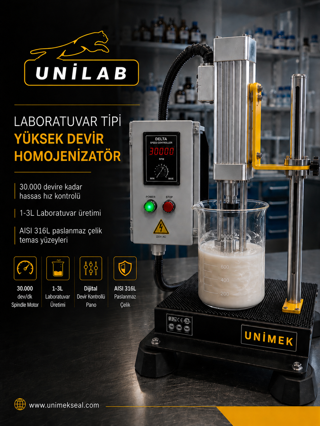 30.000 RPM Laboratuvar Homojenizatörü Devir Ayarlı 1.5 kW Panolu